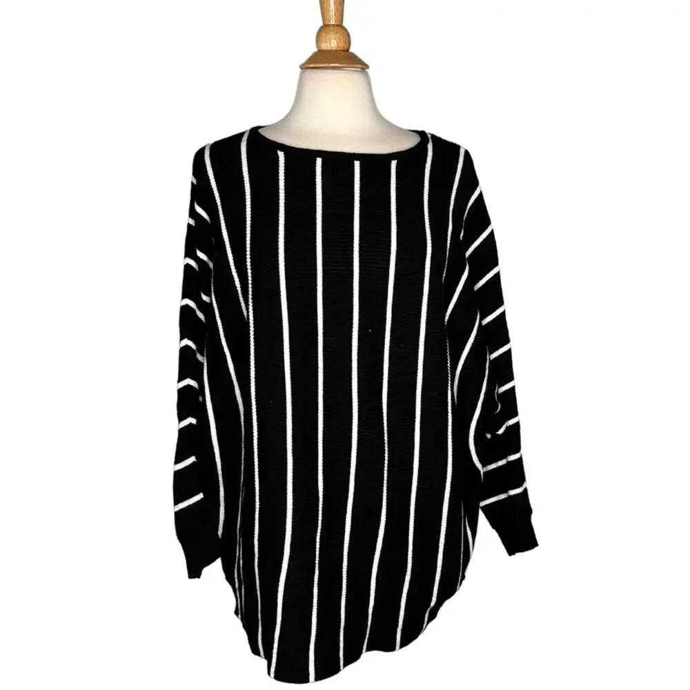 Philosophy Black White Vertical Stripes Rib Batwing Sleeve Slouchy Sweater ST11